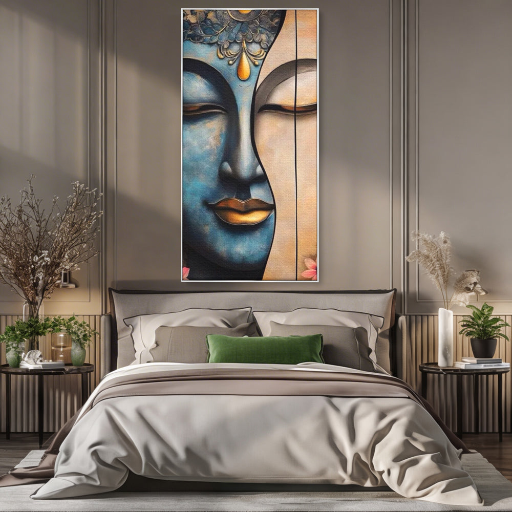 Tablou canvas cu tablou canvas cu chipul lui buddha, in rama de aluminiu argintiu, pe perete intr-un dormitor